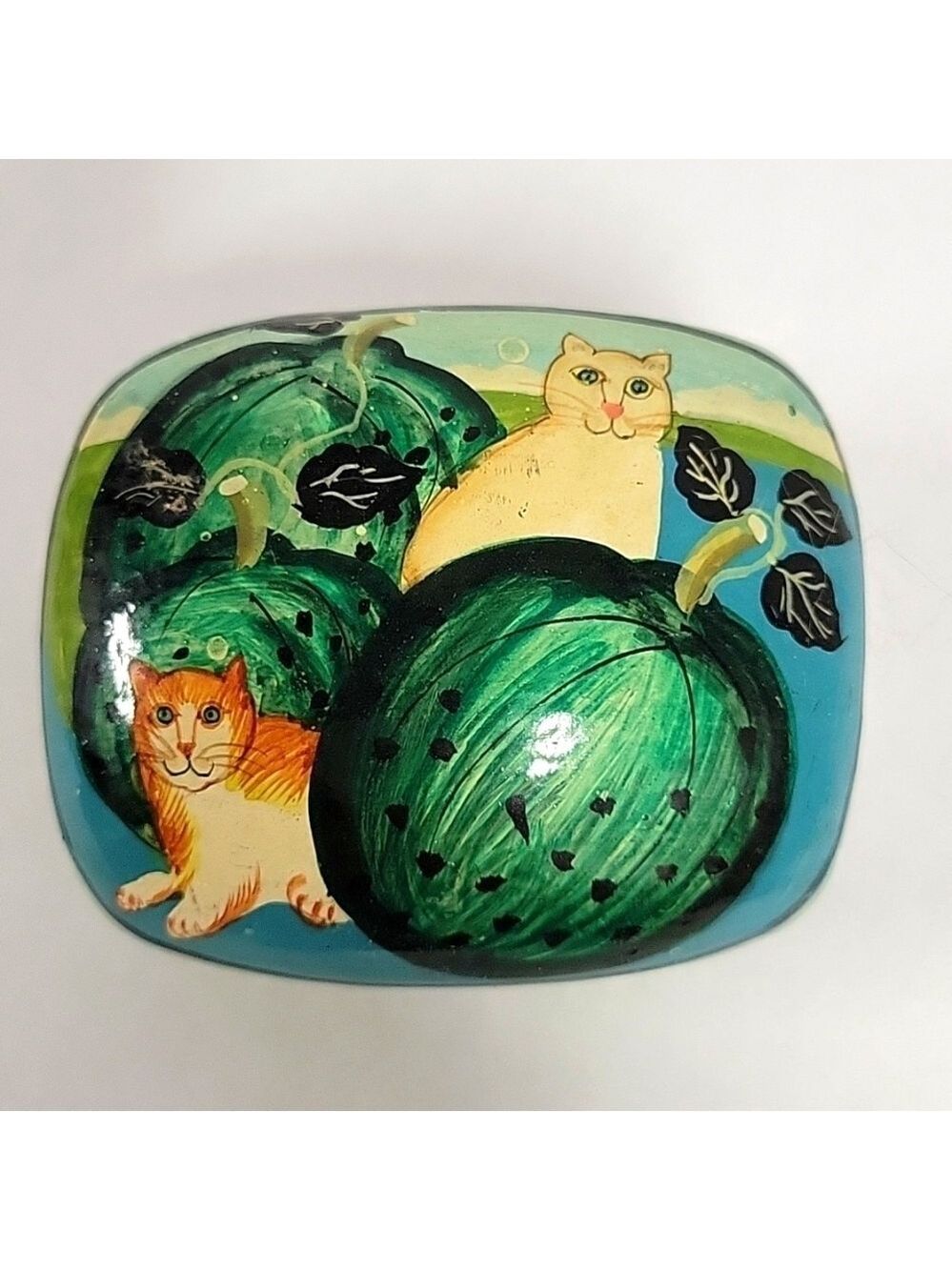 Vtg Paper Mache Like Lacquered Trinket Box - Cats - Made In India